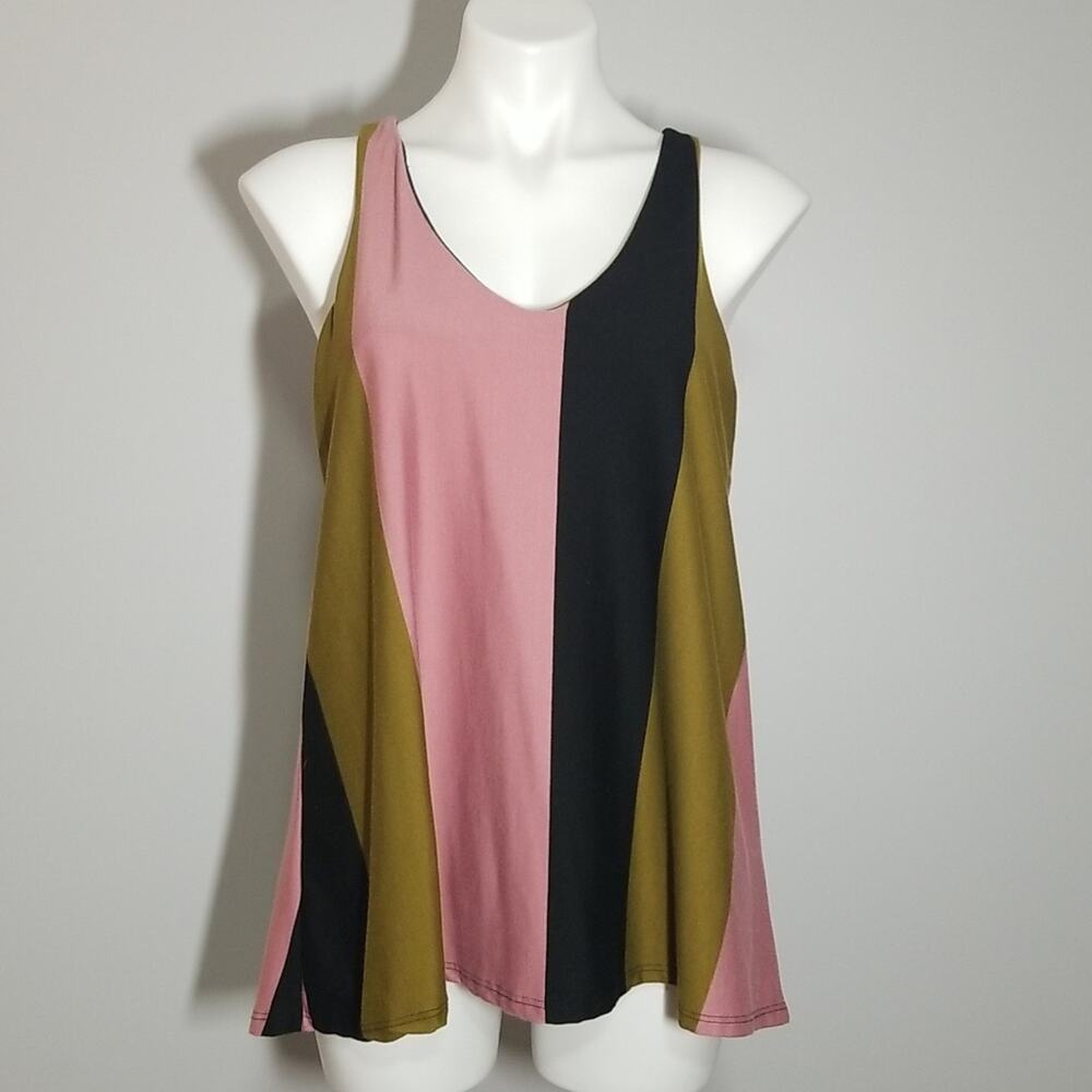 Puella Colorblock V-Neck Swing Tank Top Mauve Green Black Women's Size XS